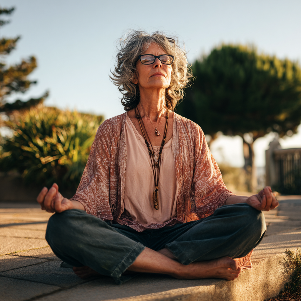 Peaceful mature adult in meditation pose surrounded by natural elements
